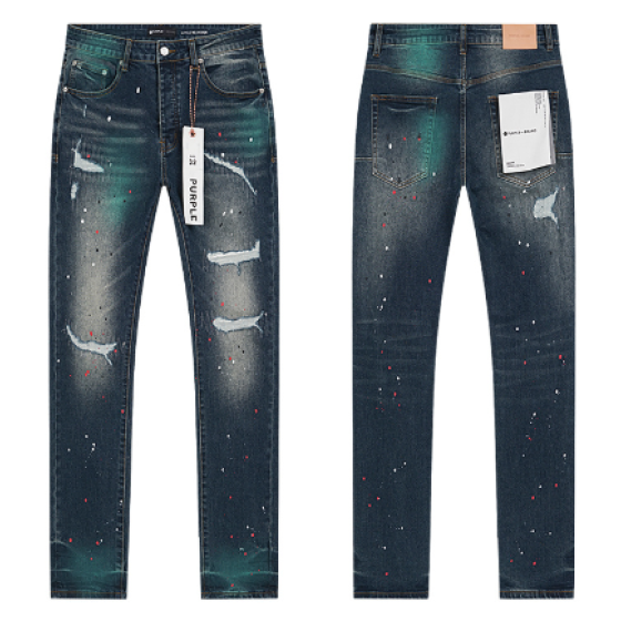 Dark Blue Washed Slim Denim Jeans with Green Paint Splatter and Distressing